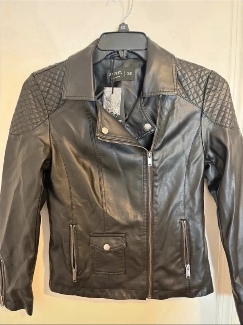 Women's Black Faux Leather Moto Jacket with Quilted Shoulders